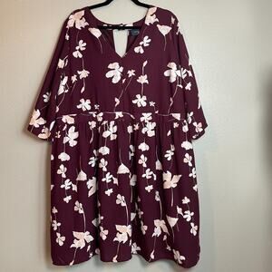 I.Scenery Dress US Sz 18 Floral Sheath Midi 3/4 Sleeve Burgundy Pink Plus